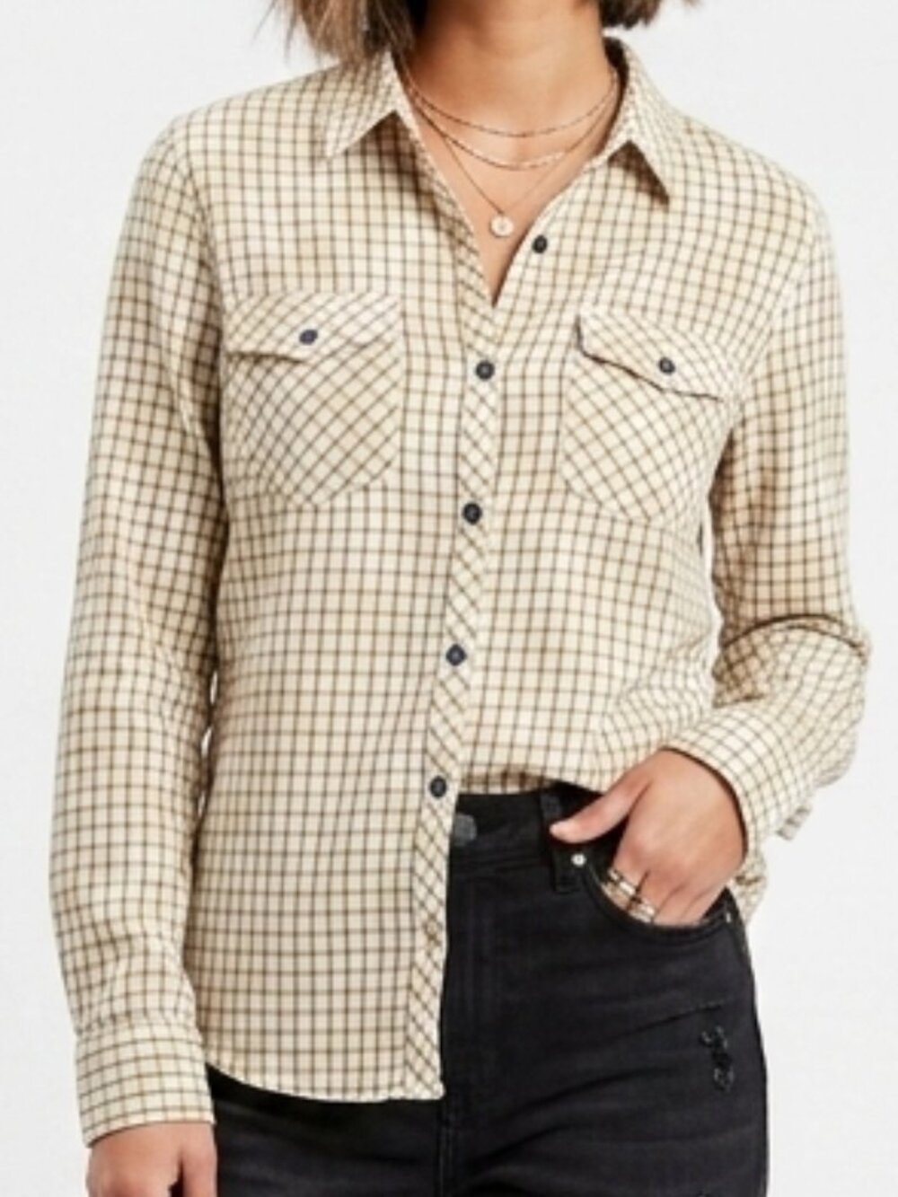 ROXY Squary Cool Yellow Blue Plaid Grunge Flannel Shirt Medium